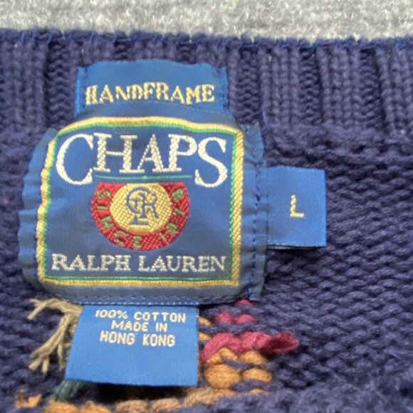 VTG 90s Chaps Ralph Lauren Sweater Men L‎ Navy Southwestern Geometric Boho Retro - Picture 7 of 15